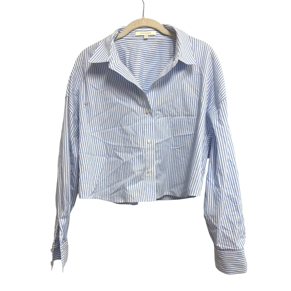 Favorite Daughter The Crop Stripe Cotton Button-Up Shirt Blue M - Picture 6 of 15